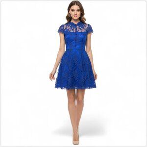 Issa London Royal Blue Lace Fit and Flare Satin Button Front Party Dress 8